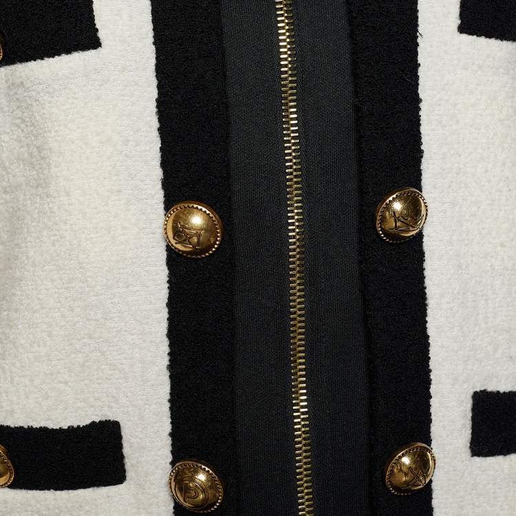 Pre Owned Moschino Couture Monochrome Tweed & Rib Knit Faux Jacket Hoodie Dress L