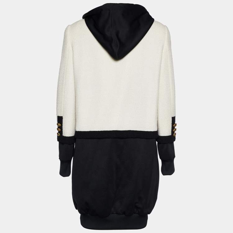 Pre Owned Moschino Couture Monochrome Tweed & Rib Knit Faux Jacket Hoodie Dress L