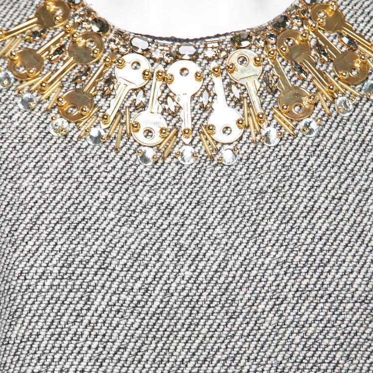 Pre Owned Moschino Monochrome Wool Key Embellished Neck Sleeveless Top M