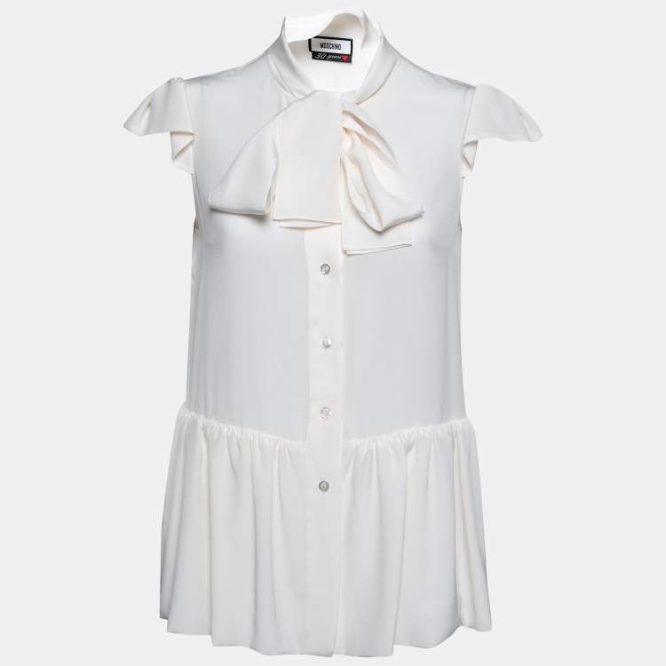 Pre Owned Moschino Cream Silk Neck Tie Detail Ruffle Trim Sleeveless Shirt S