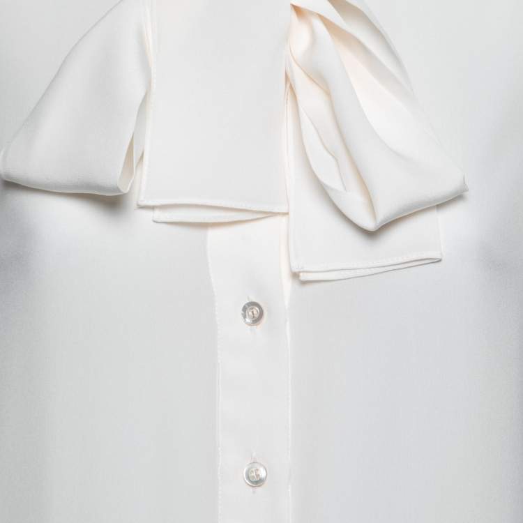 Pre Owned Moschino Cream Silk Neck Tie Detail Ruffle Trim Sleeveless Shirt S