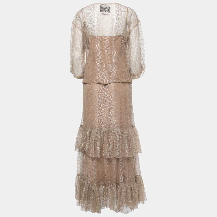 Pre Owned Moschino Beige Lace Skirt Top Set M