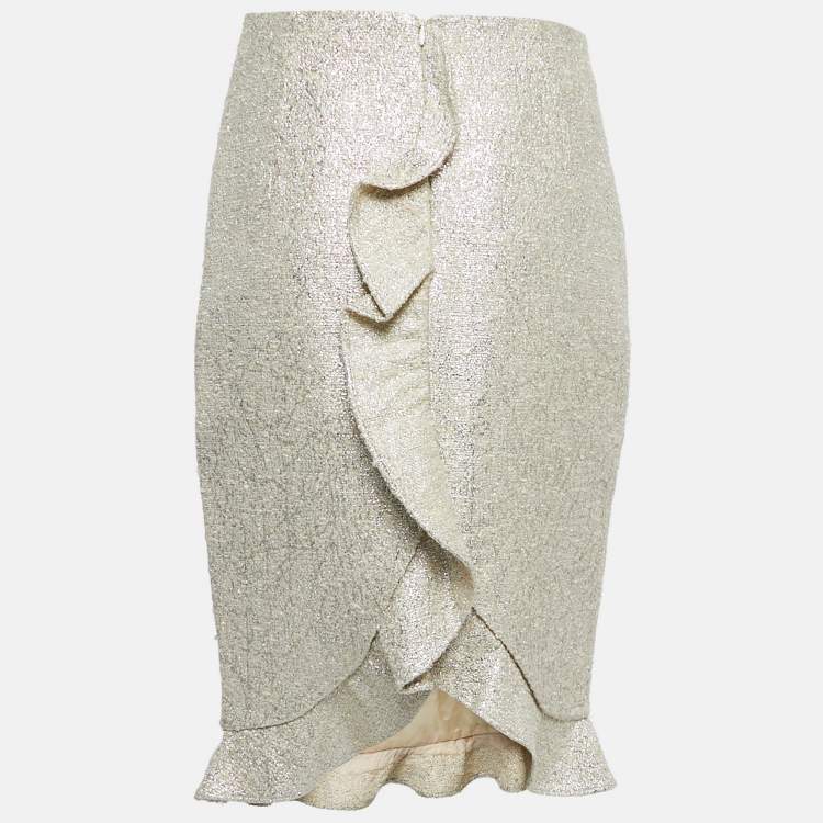 Pre Owned Moschino Metallic Tweed Ruffle Detail Knee Length Skirt M