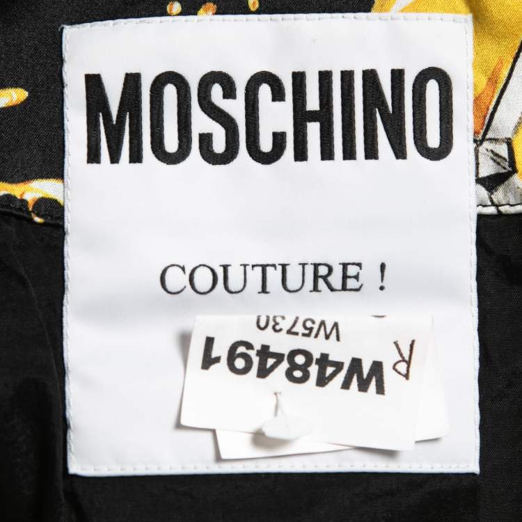 Pre Owned Moschino Black/Yellow Spilled Perfume Bottle Print Silk Zip Front Hooded Jacket M