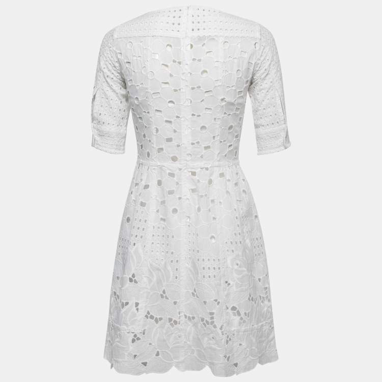 Pre Owned Moschino White Eyelet Cotton Flared Mini Dress S