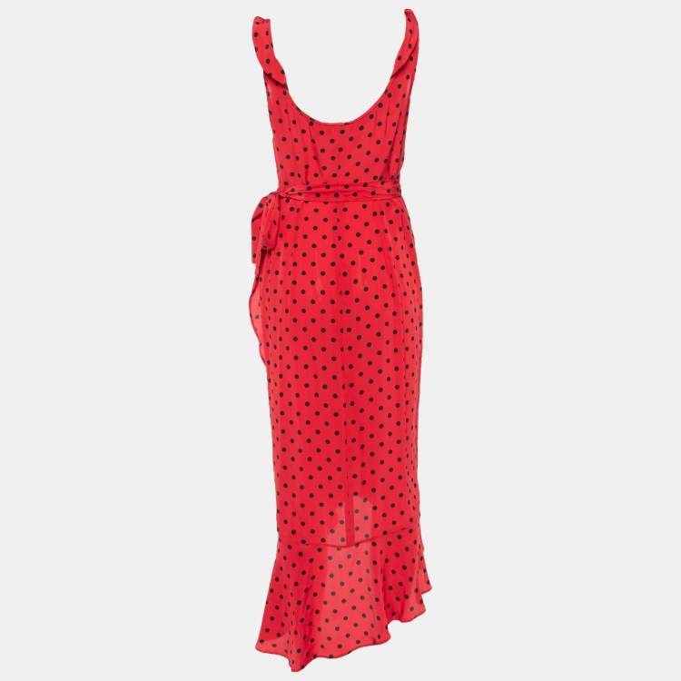 Pre Owned Moschino Red Polka Dot Printed Silk Ruffled Midi Wrap Dress L