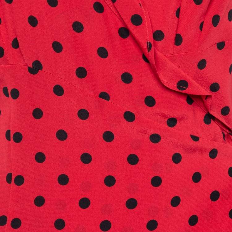 Pre Owned Moschino Red Polka Dot Printed Silk Ruffled Midi Wrap Dress L