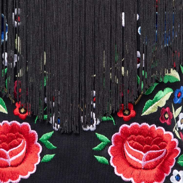 Pre Owned Moschino Black Rayon Knit Floral Embroidered Fringed Crop Top M