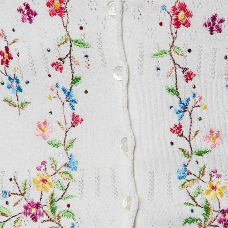 Pre Owned Moschino White Perforated Knit Embroidered Camisole Cardigan & Cotton Belted Skirt Set M