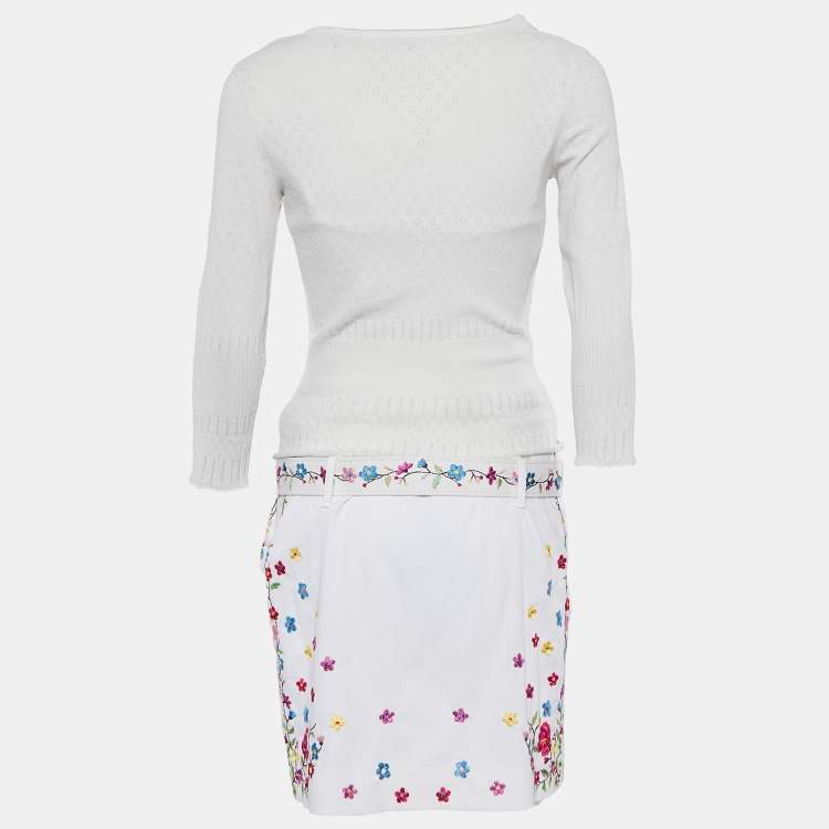 Pre Owned Moschino White Perforated Knit Embroidered Camisole Cardigan & Cotton Belted Skirt Set M