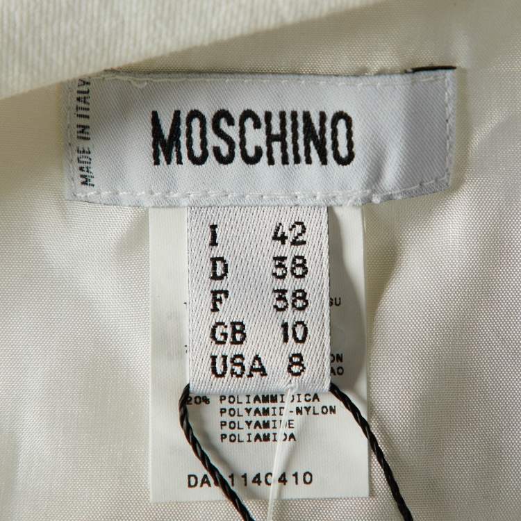 Pre Owned Moschino White Perforated Knit Embroidered Camisole Cardigan & Cotton Belted Skirt Set M