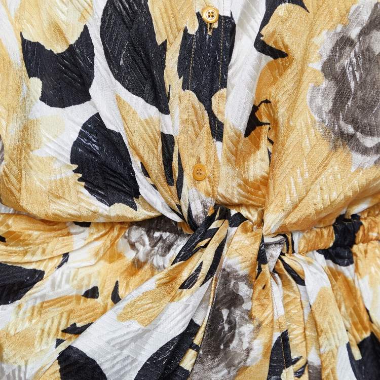 Pre Owned Moschino Yellow Printed Silk Lame Drape Detail Mini Dress L