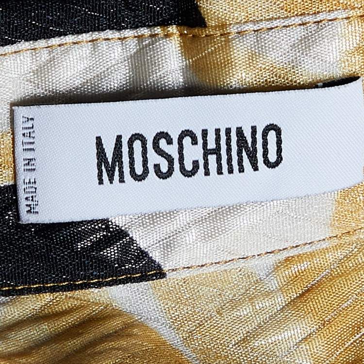 Pre Owned Moschino Yellow Printed Silk Lame Drape Detail Mini Dress L