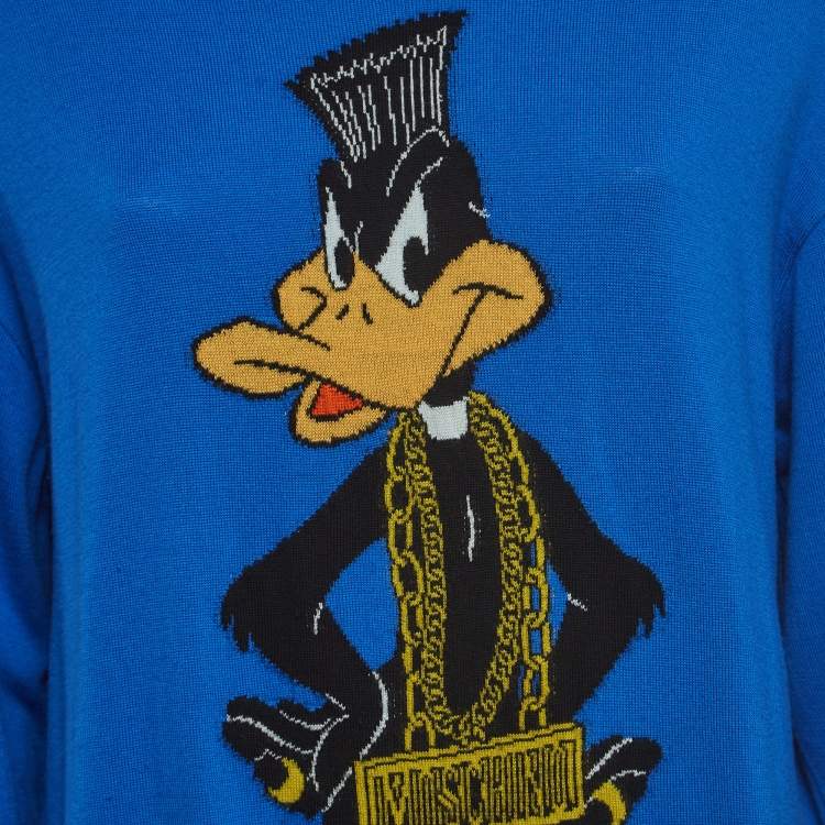Pre Owned Moschino Couture Blue Daffy Duck Intarsia Wool Sweatshirt M