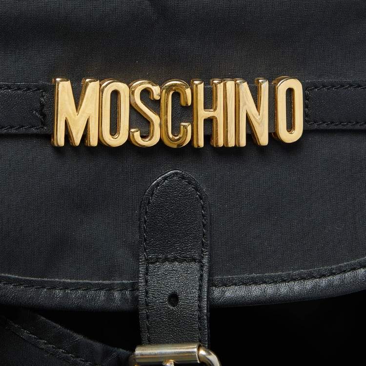 Pre Owned Moschino Black Nylon and Leather Logo Flap Backpack