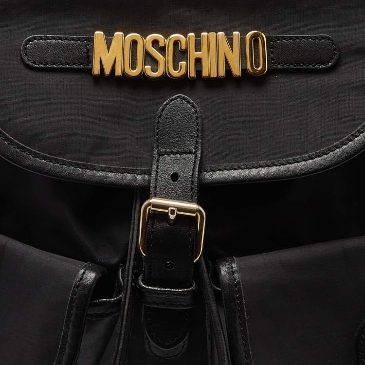Pre Owned Moschino Black Nylon and Leather Logo Flap Backpack
