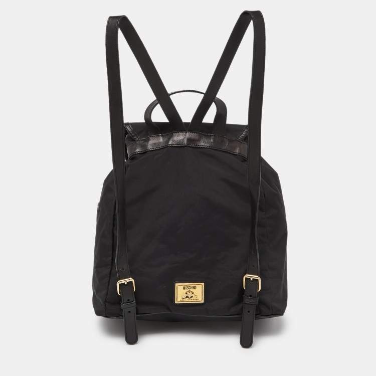 Pre Owned Moschino Black Nylon and Leather Logo Flap Backpack