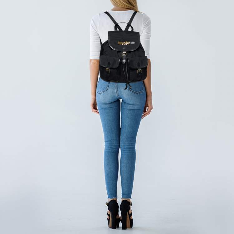 Pre Owned Moschino Black Nylon and Leather Logo Flap Backpack