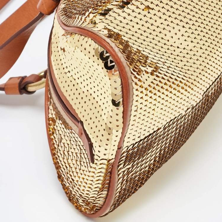 Pre Owned Moschino Gold/Brown Sequins and Leather Satchel