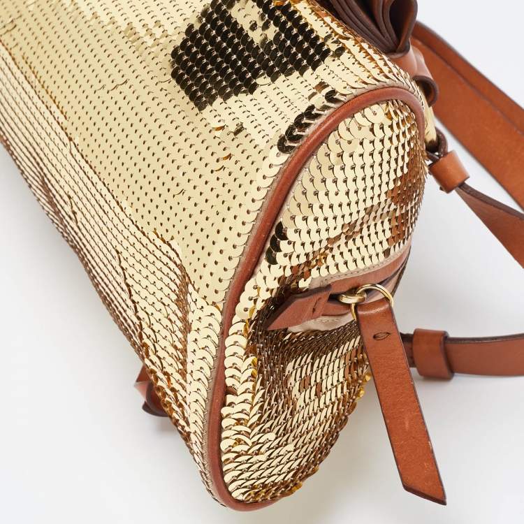 Pre Owned Moschino Gold/Brown Sequins and Leather Satchel