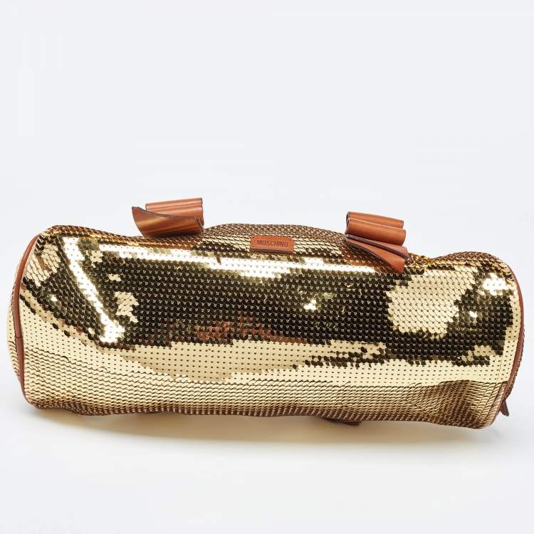Pre Owned Moschino Gold/Brown Sequins and Leather Satchel