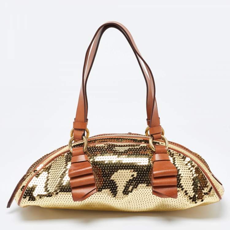 Pre Owned Moschino Gold/Brown Sequins and Leather Satchel