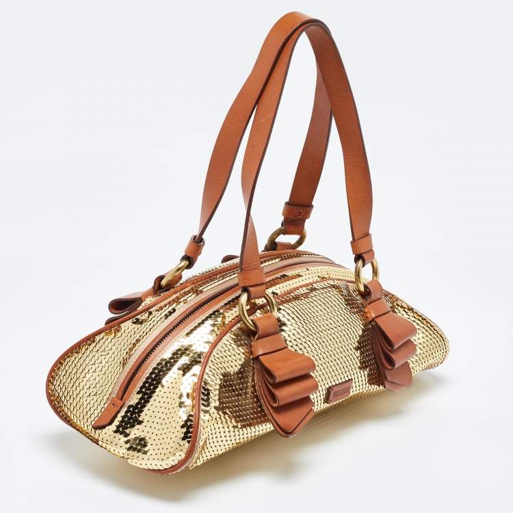 Pre Owned Moschino Gold/Brown Sequins and Leather Satchel