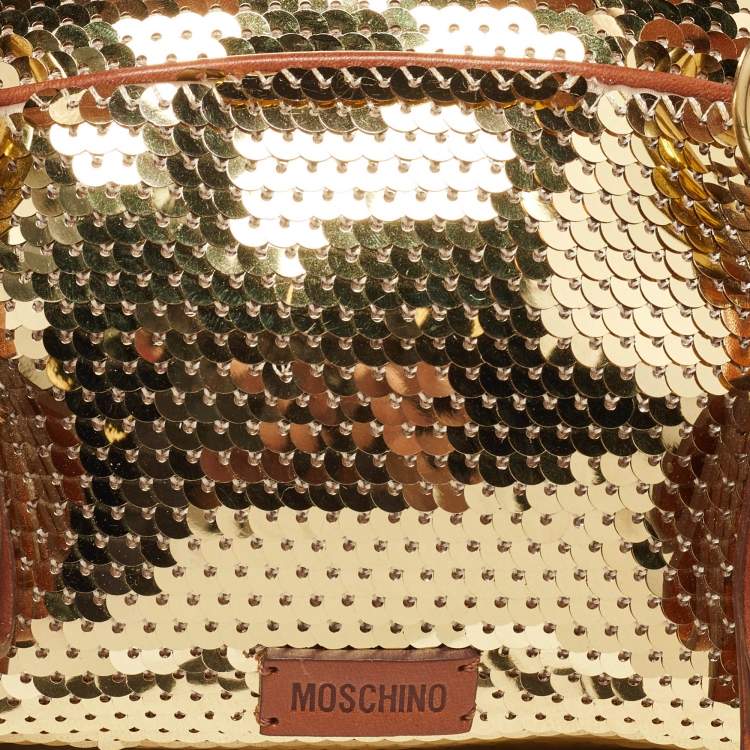 Pre Owned Moschino Gold/Brown Sequins and Leather Satchel