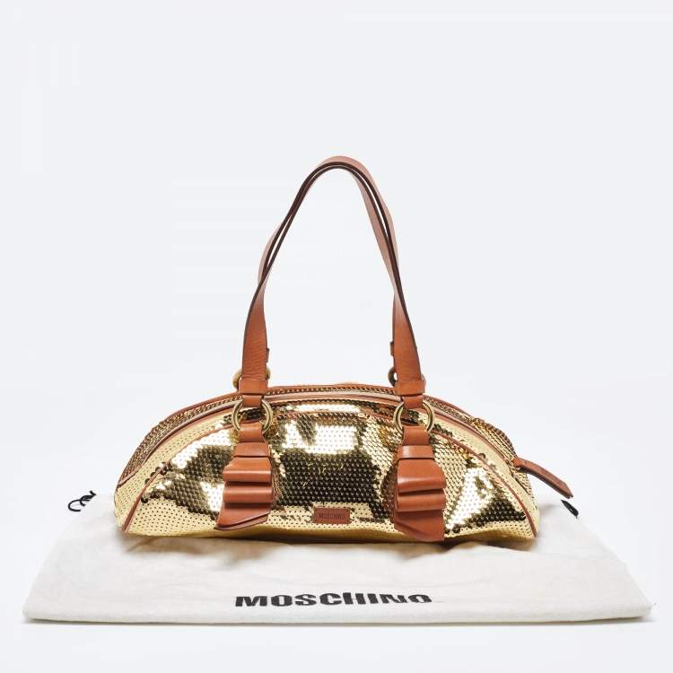 Pre Owned Moschino Gold/Brown Sequins and Leather Satchel