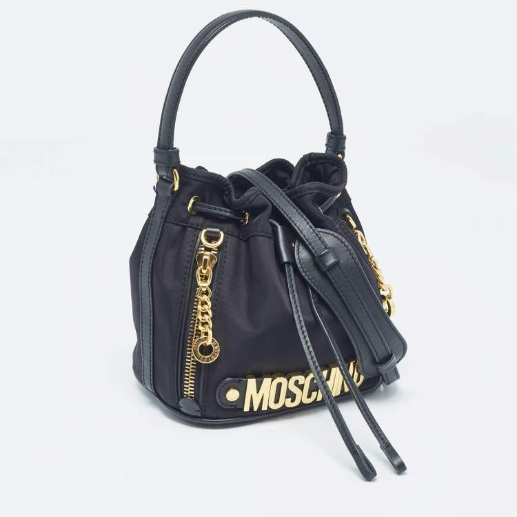 Pre Owned Moschino Black Nylon and Leather Classic Logo Bucket Bag