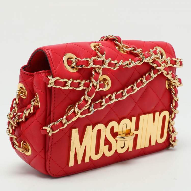 Pre Owned Moschino Red Quilted Leather Chain Detail Shoulder Bag