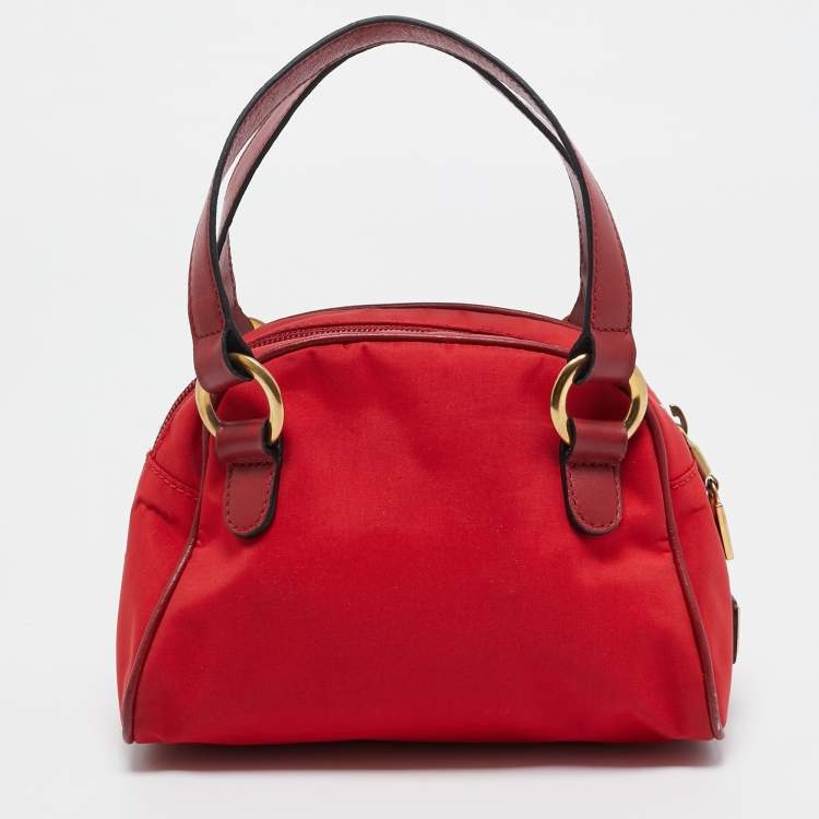 Pre Owned Moschino Red Nylon Mini Logo Bowler Bag