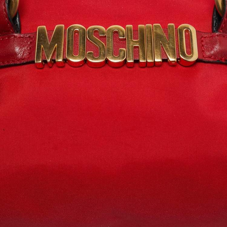 Pre Owned Moschino Red Nylon Mini Logo Bowler Bag