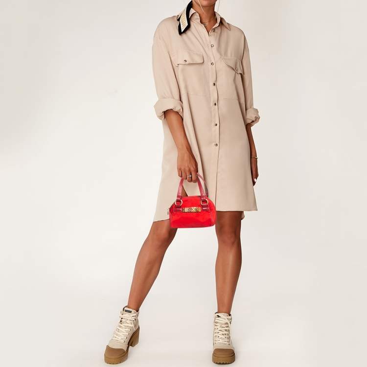 Pre Owned Moschino Red Nylon Mini Logo Bowler Bag