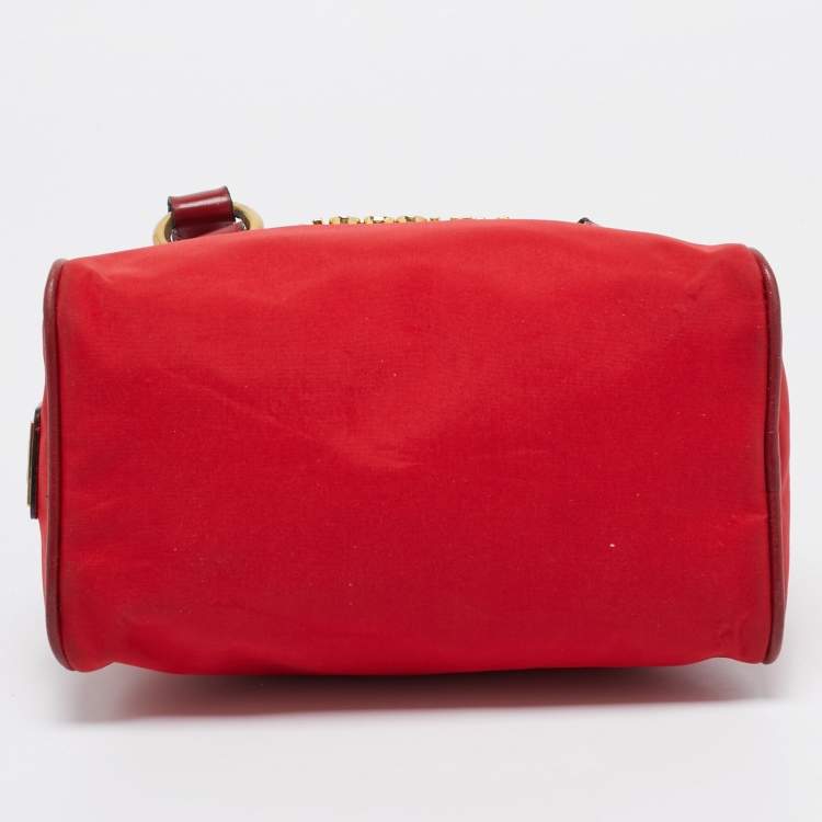 Pre Owned Moschino Red Nylon Mini Logo Bowler Bag