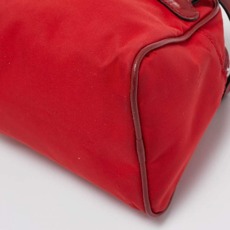 Pre Owned Moschino Red Nylon Mini Logo Bowler Bag