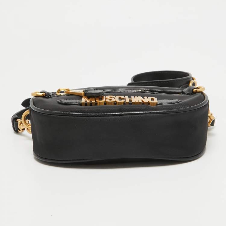Pre Owned Moschino Black Leather and Nylon Classic Logo Camera Crossbody Bag