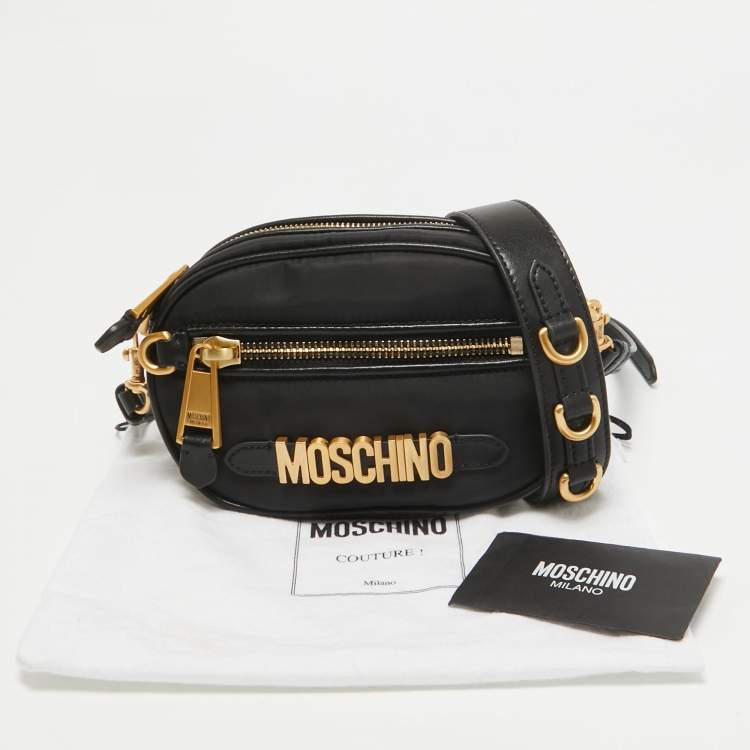 Pre Owned Moschino Black Leather and Nylon Classic Logo Camera Crossbody Bag