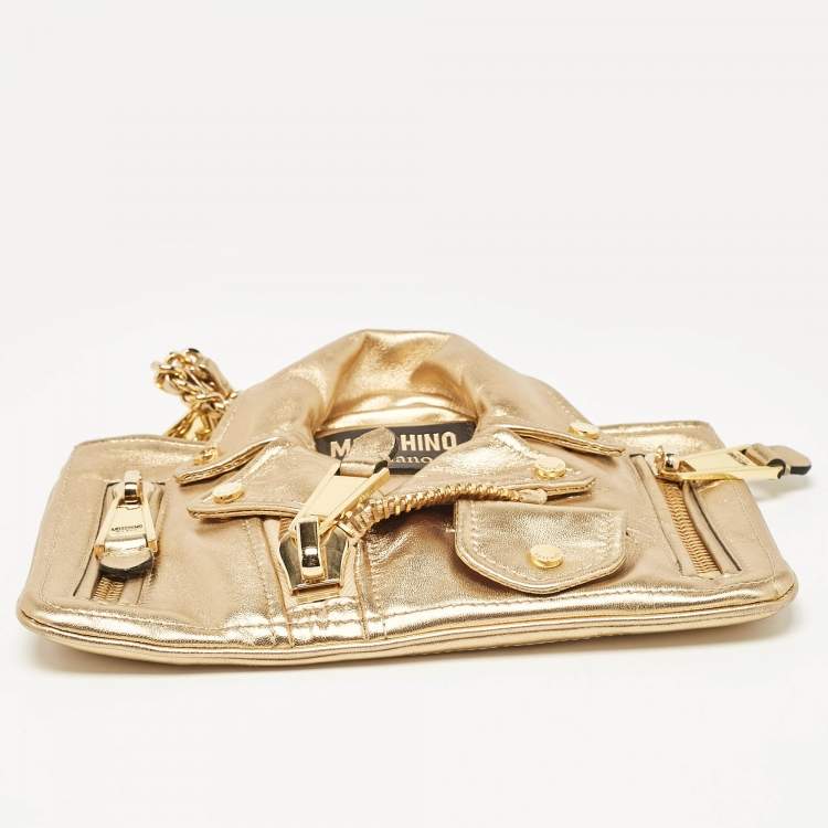 Pre Owned Moschino Gold Leather Capsule Biker Jacket Wristlet Clutch