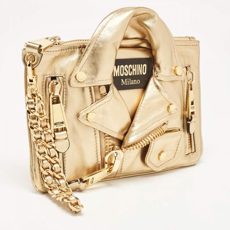Pre Owned Moschino Gold Leather Capsule Biker Jacket Wristlet Clutch