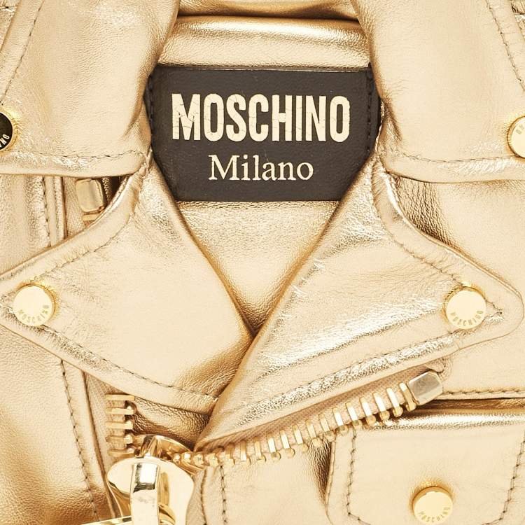 Pre Owned Moschino Gold Leather Capsule Biker Jacket Wristlet Clutch