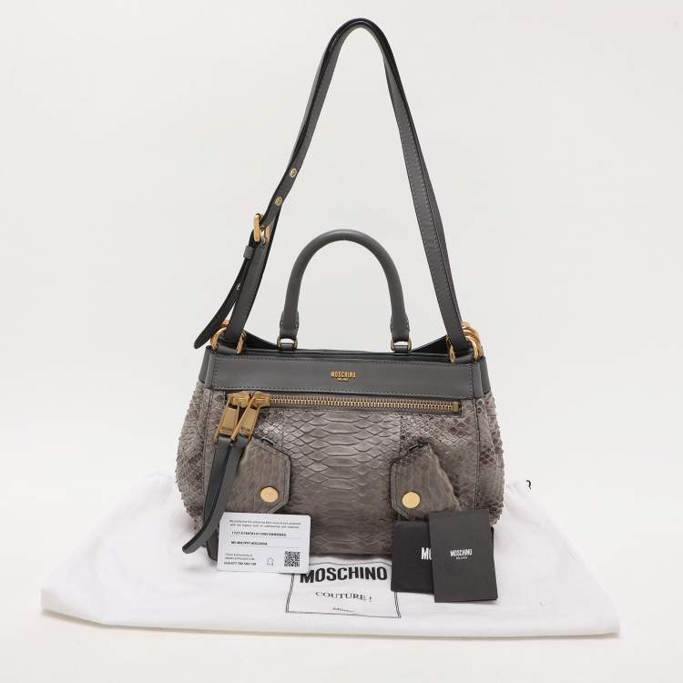 Pre Owned Moschino Grey Python Embossed Leather Biker Satchel