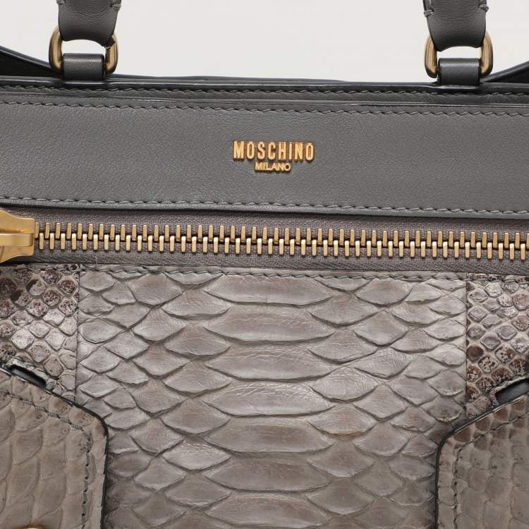 Pre Owned Moschino Grey Python Embossed Leather Biker Satchel