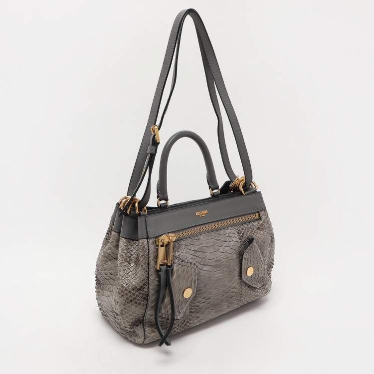 Pre Owned Moschino Grey Python Embossed Leather Biker Satchel