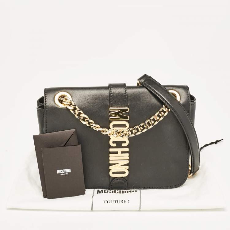 Pre Owned Moschino Black Leather Classic Logo Flap Chain Bag