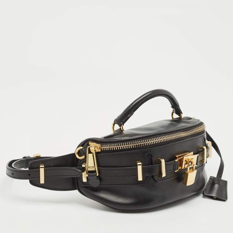 Pre Owned Moschino Black Leather Padlock Belt Bag