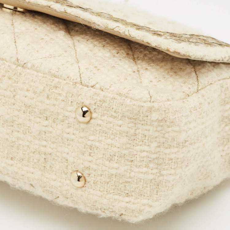 Pre Owned Moschino Cream Quilted Tweed Mirror Embellished Chain Shoulder Bag