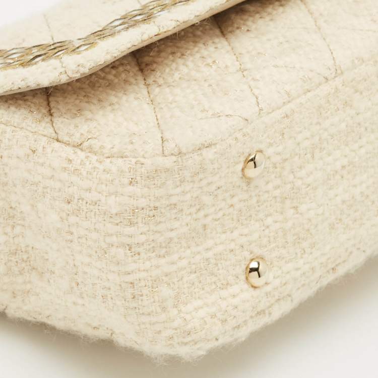 Pre Owned Moschino Cream Quilted Tweed Mirror Embellished Chain Shoulder Bag