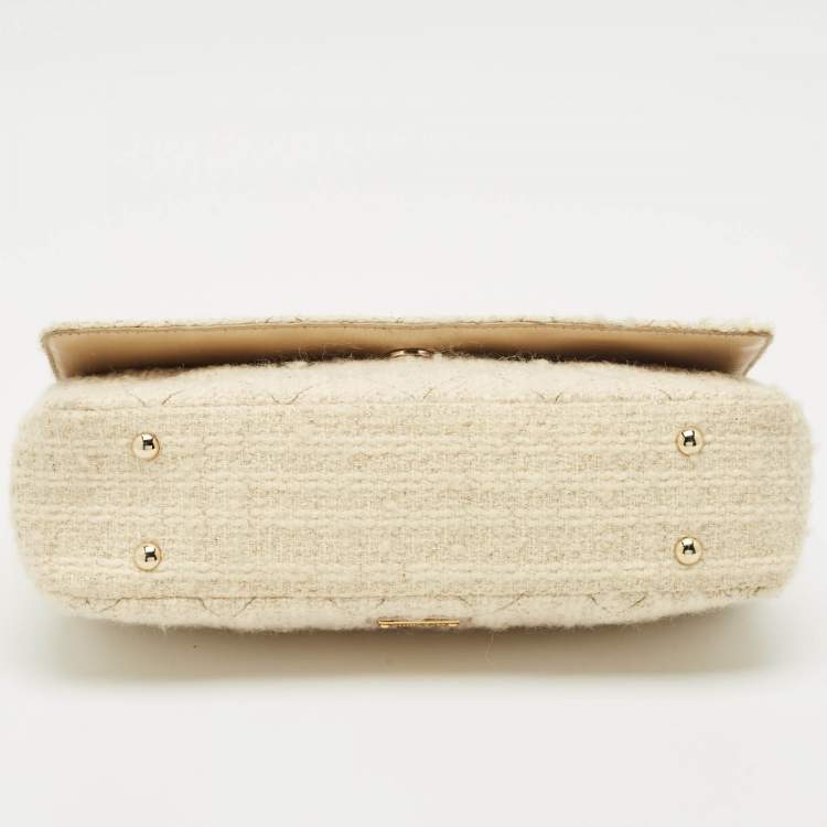 Pre Owned Moschino Cream Quilted Tweed Mirror Embellished Chain Shoulder Bag