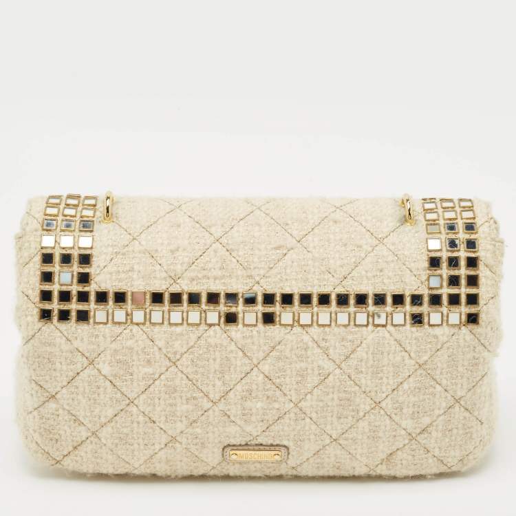 Pre Owned Moschino Cream Quilted Tweed Mirror Embellished Chain Shoulder Bag